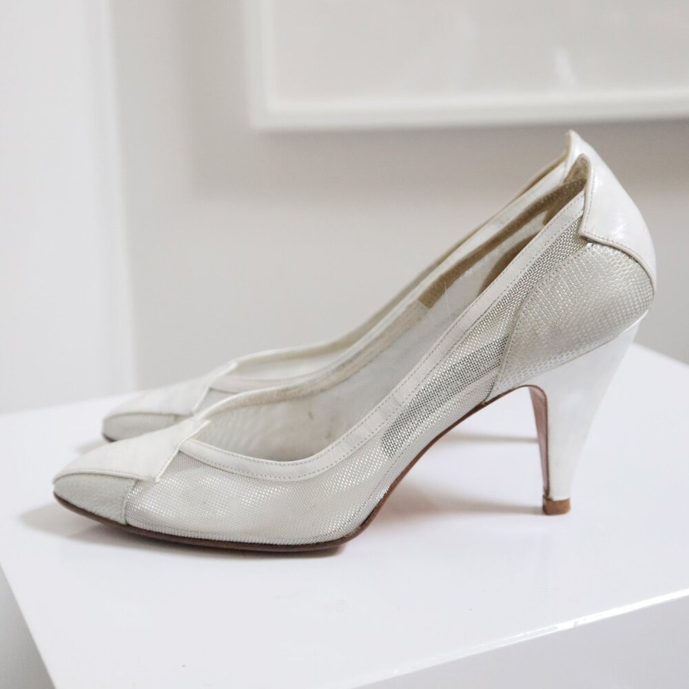 Vintage Stuart Weitzman for Mr Seymour White Painted Leather Mesh Stiletto Heel